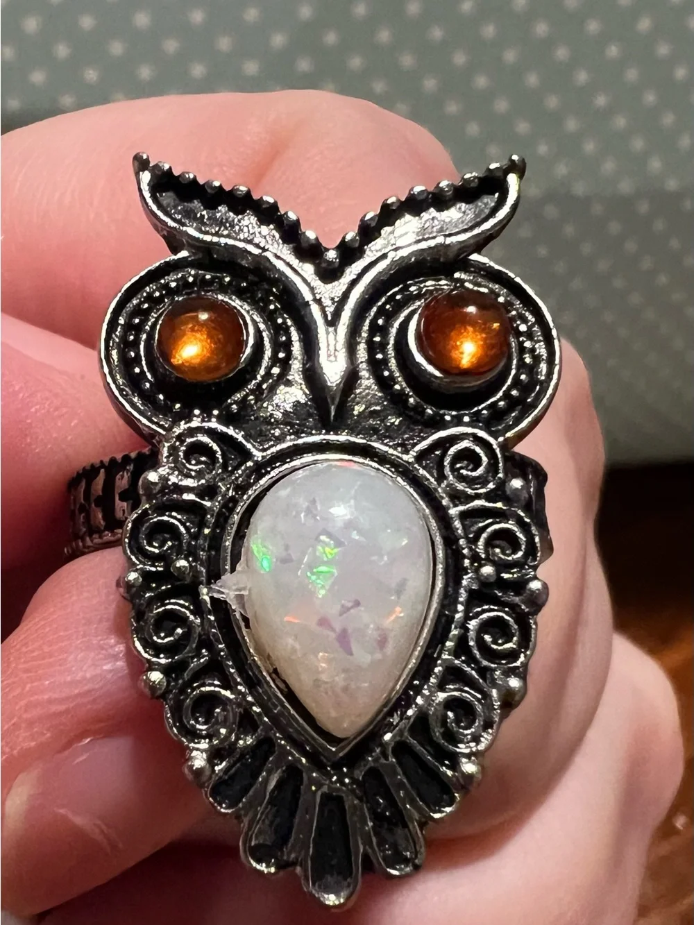 925 Silver Opal Owl Ring Boho Statement Piece